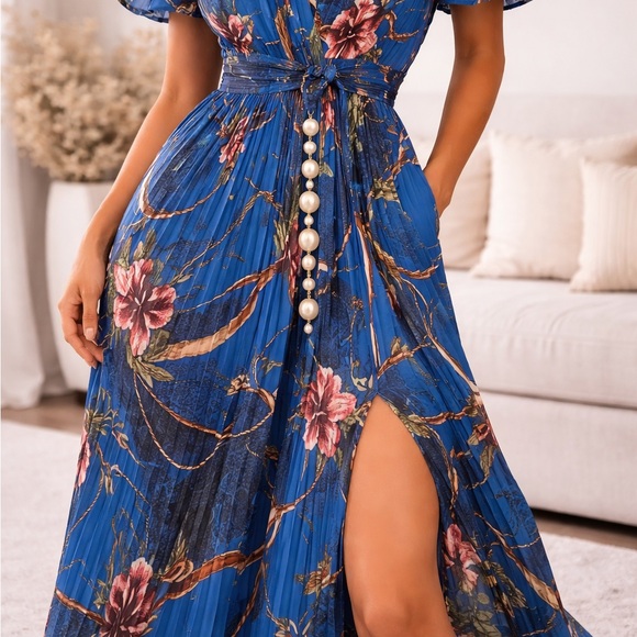 Dresses & Skirts - Floral Blue with Pearl Accents Dress